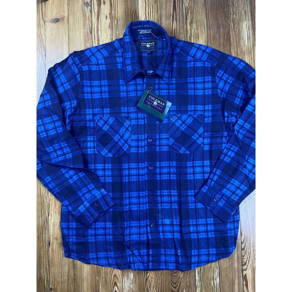 coleman outdoors vintage blue flannel button‎ down mens size large NWT